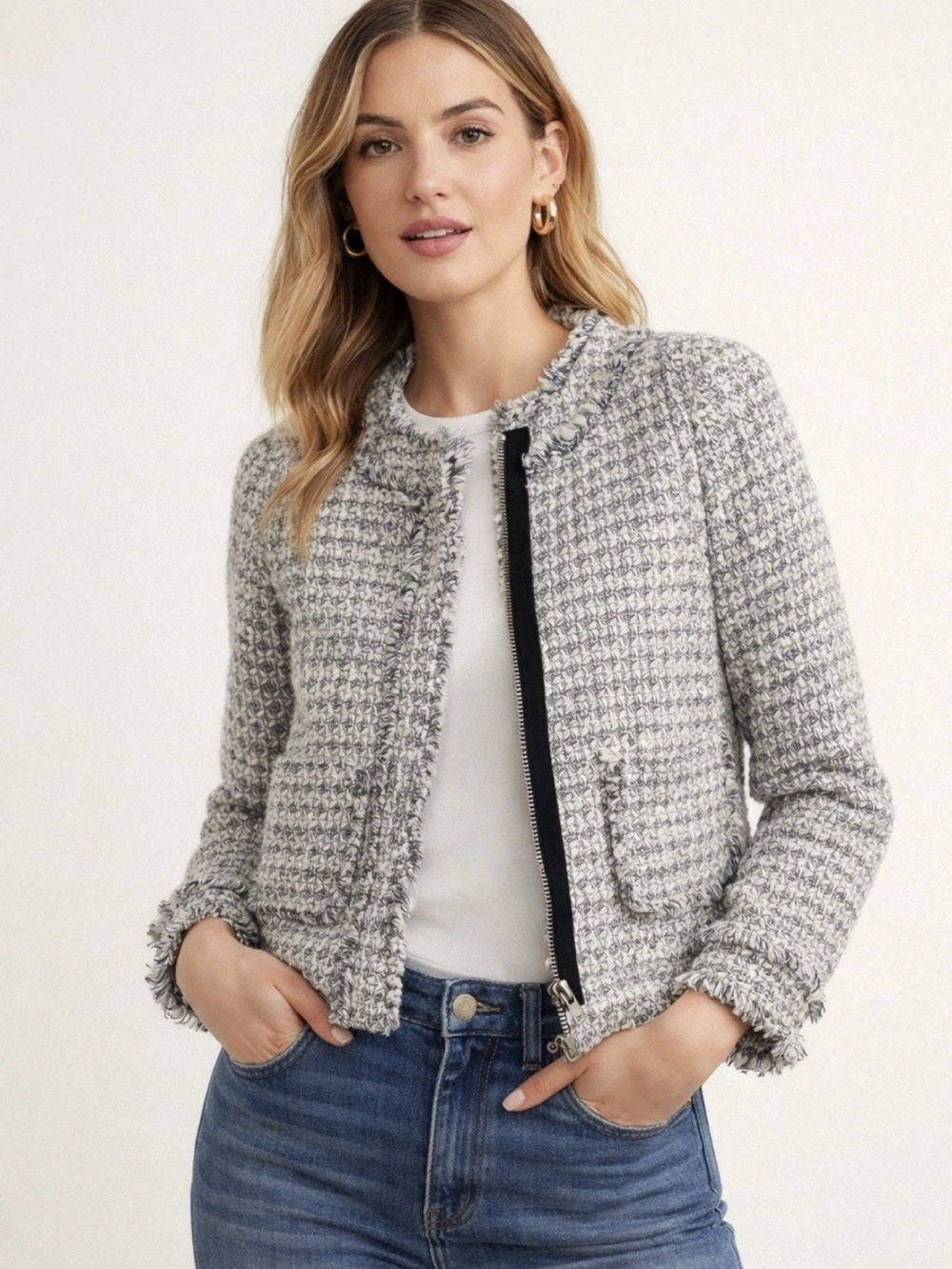 J. Crew Olympia Gray Tweed Fringe-Trim Metallic Threads Blazer